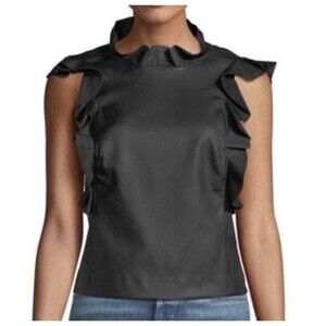 Rebecca Taylor Vegan Faux Leather Top S Black Ruffle Sleeveless Minimalist Edgy